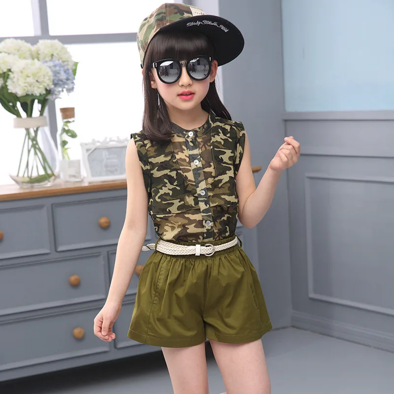 Детская одежда летняя камуфляжная из шифона с ремнем для девочек 3 шт. армейский
