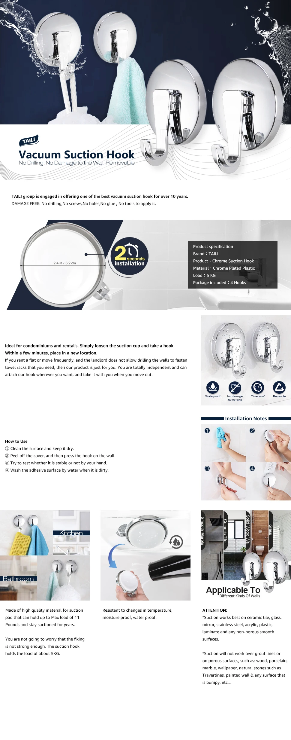 TAILI Chromed Suction Cup Kitchen Hooks For Towel Hooks Vacuum Bathroom Wall Hook Heavy Duty Vacuum Suction Hooks