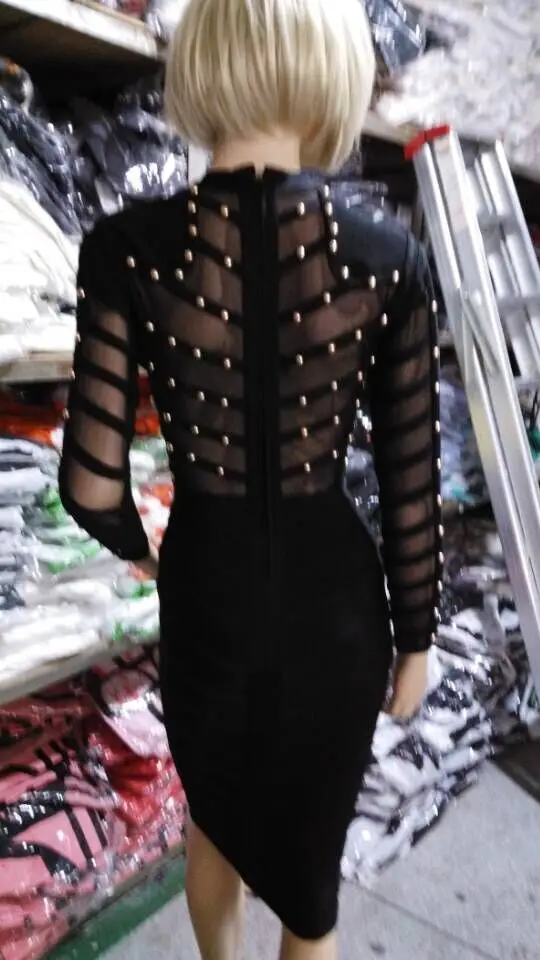 high quality new sexy fashion women wholesale pink grey black olive green long sleeve beaded bandage dress Dress + suit | Женская одежда