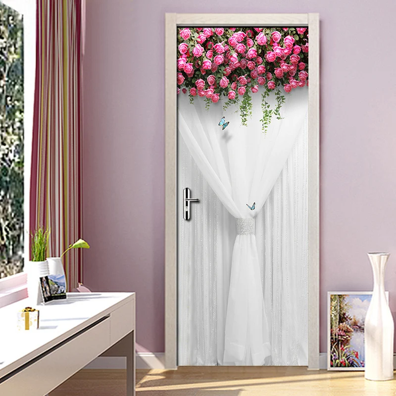 

Wedding Rose Girl Bedroom Parlor Door Sticker 3D Wall Paper Mural PVC Waterproof Self-adhesive Door Sticker Papel De Parede