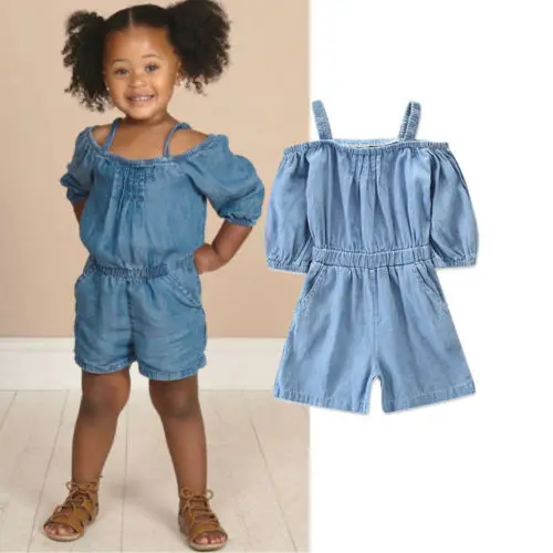 Emmababy Одежда для детей малышей девочек с открытыми плечами Denim Off Shoulder Romper