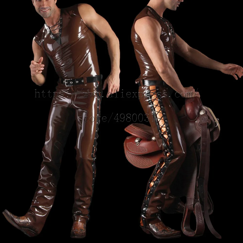 Brown color latex trousers men's latex pants with lace-up decoration