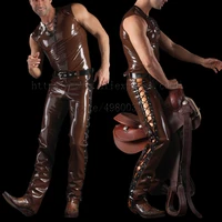 brown color latex trousers mens latex pants with lace up decoration