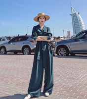 women korean office lady chic loose casual sashes wide leg pant jumpsuit female long sleeve high street fashion straight trouser