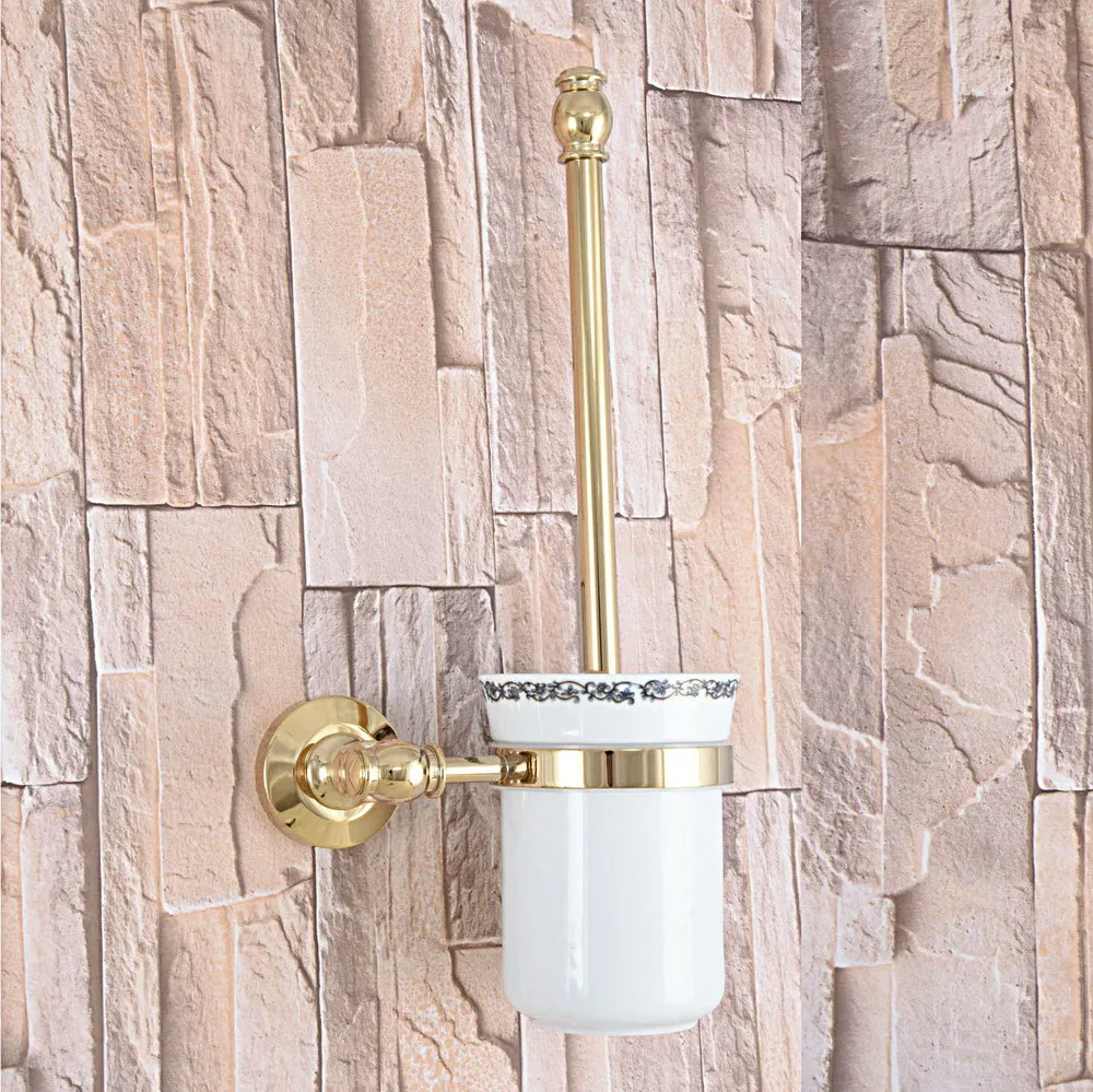 

Wall Mounted Luxury Gold Color Brass Bathroom Toilet Brush Holder Set Bathroom Accessory Single Ceramic Cup mba314