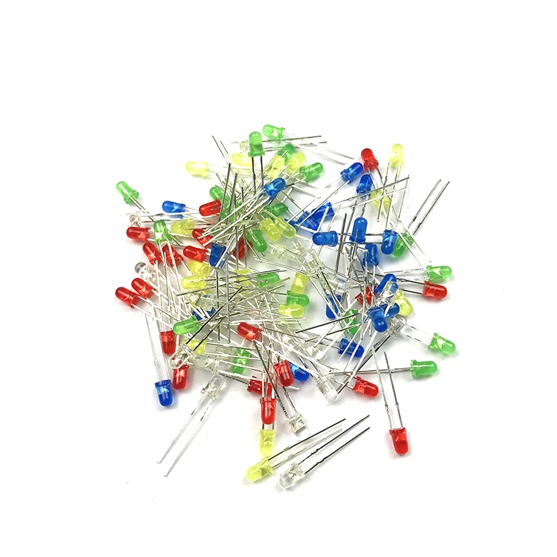 100pcs LED Emitting Diodes Light Kit 3mm 5 Colors Round Top Diffused White Yellow Red Blue Green Assortment Kit For Lighting DIY
