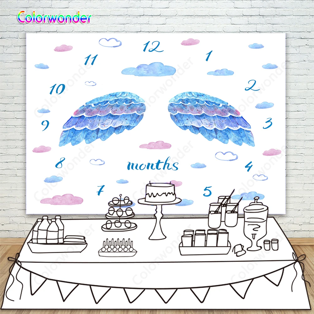 Одеяло для фотографирования младенцев с месячными рубежами "Baby Milestone Blanket" с фоном синих ангельских крыльев для съемки.
