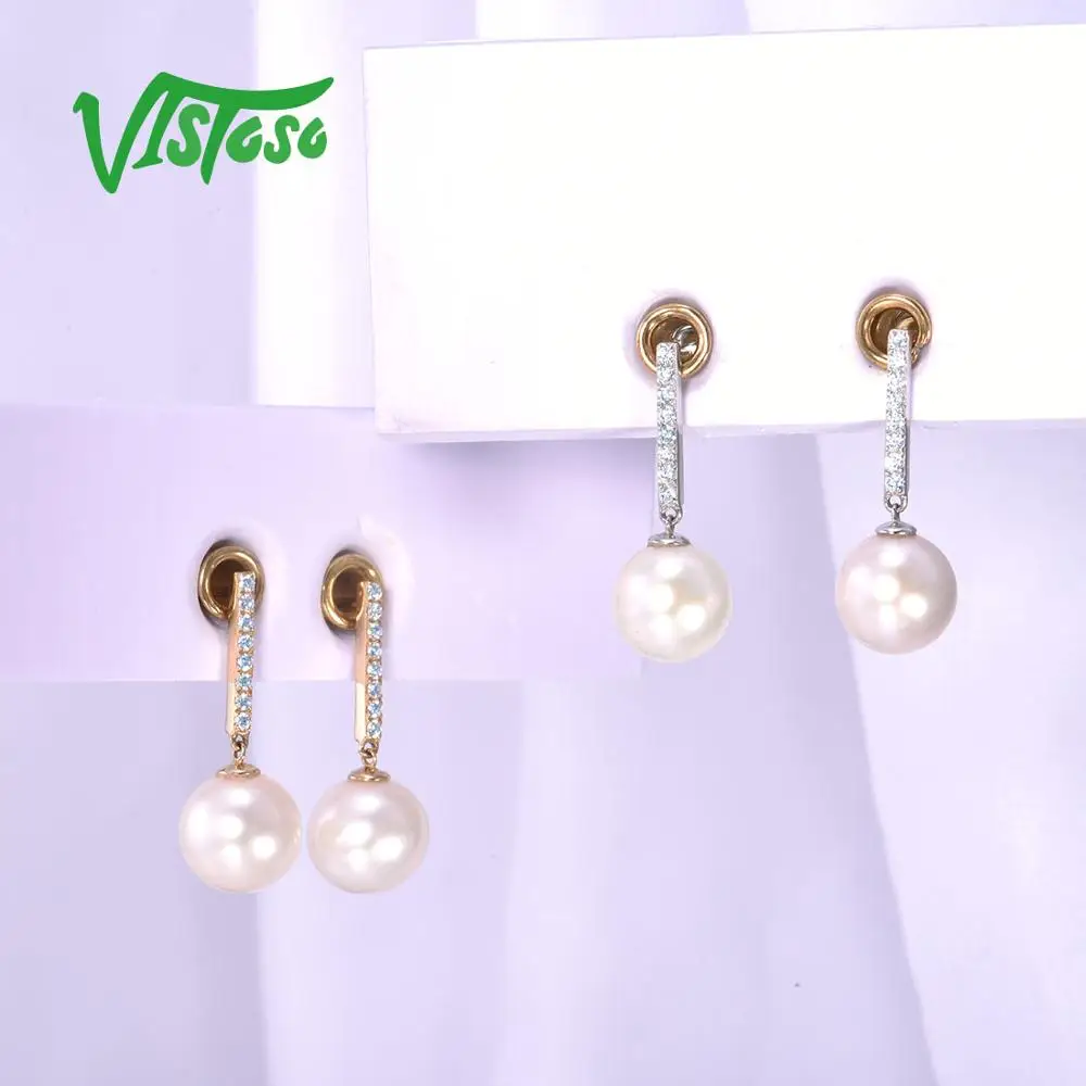 VISTOSO чистый 14K 585 желтый/белое золото серьги для Для женщин, украшенные сверкающим бриллиантом пресной воды Жемчужное уникальный Мода элегантные ювелирные украшения