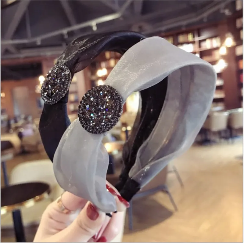 

High-end hair accessories women's bud silk gauze fabric with diamonds super flash wide side headband headband wild girl headdres