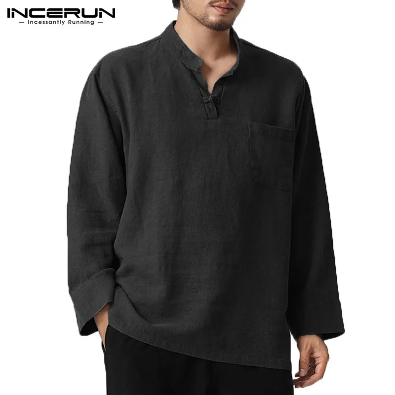 Black Shirt INCERUN, китайский стиль, рубашка для мужчин, хлопок, лен, v-образный вырез, длинный рукав, Ретро стиль, мужские топы, повседневные рубашки, Camisa Masculina, осень, 5XL - Цвет: Black Shirt