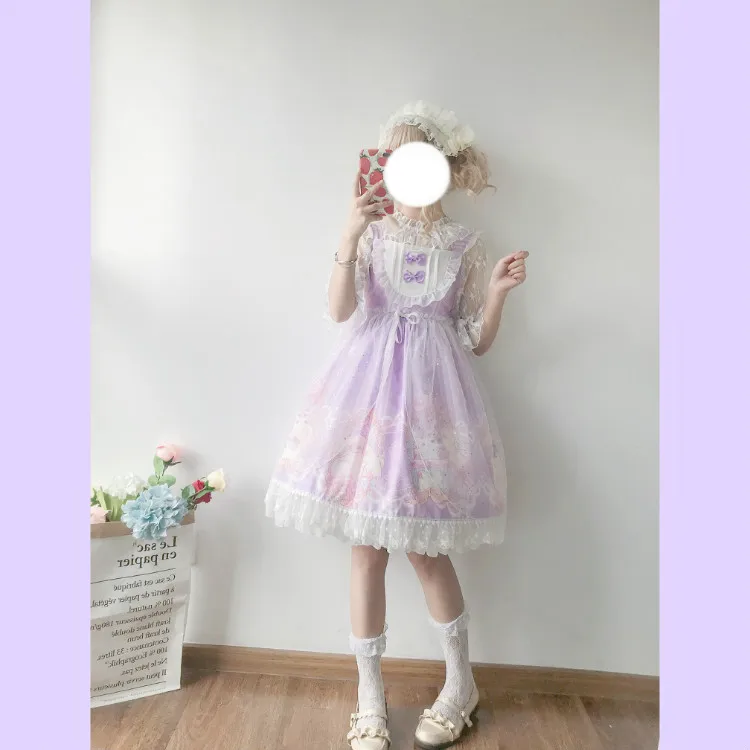 Kawaii японская Лолита АО платье женская летняя обувь мягкой сестра ветер милые с рисунком кошки с бантом в стиле «лолита» с ремешком и милым милое платье