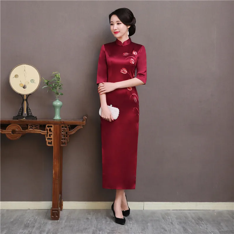 Бургундия вышивка цветочный длинный Cheongsam Традиционный цветок шелк Qipao для женщин сексуальный Сплит Vestidos китайский стиль женское платье