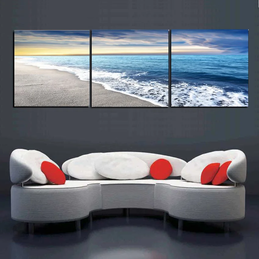 3 панели настенные художественные картины пляж песчаный морской волны пейзаж