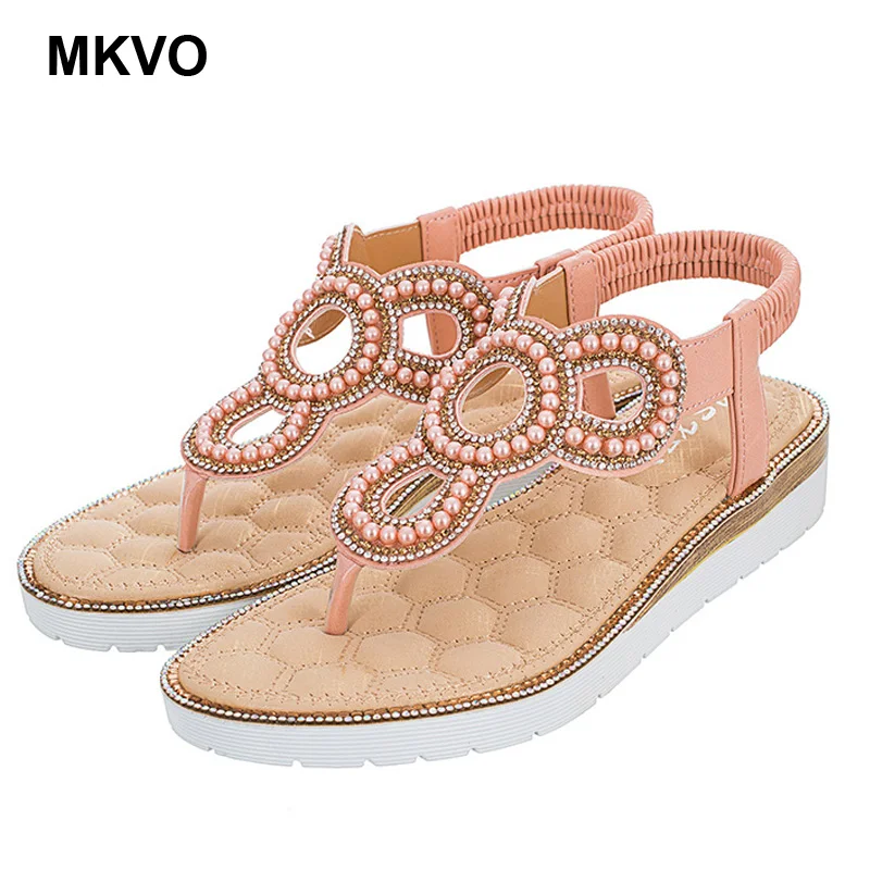 

Simple Women Flat Sandals Summer High Quality Beading Bohemian Women Beach Sandals Ladies Flat Sandals shoes Plus Size 36-42
