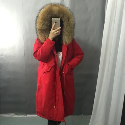 Женские парки с натуральным мехом енота, новинка, свободный женский пуховик с капюшоном, длинная куртка с большим воротником из натурального меха, стеганая зимняя куртка, пальто для женщин - Цвет: red natural