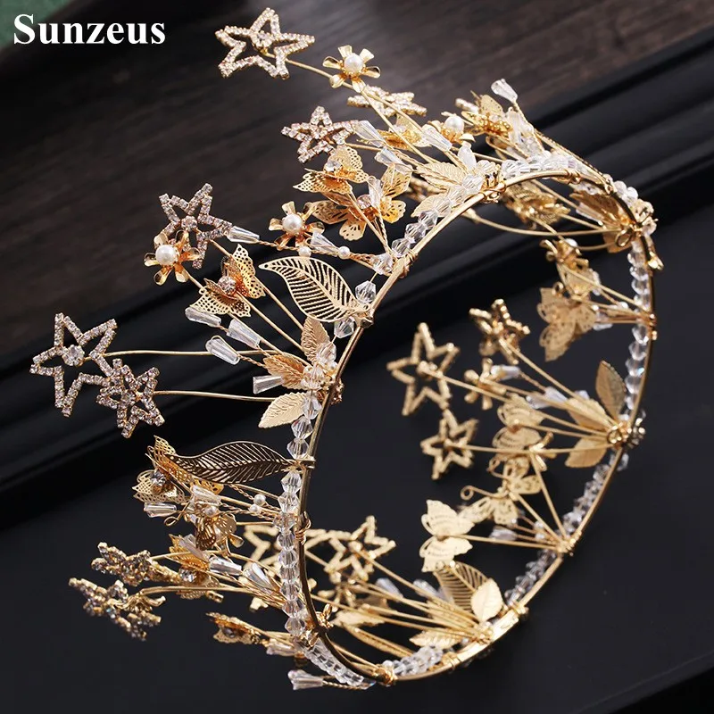 Gold Round Princess Headband for Bridal Shiny Stars Shape Leaves Gorgeous Women Hair Accessories gelin tac aksesuarlar SHA71 | Свадьбы и
