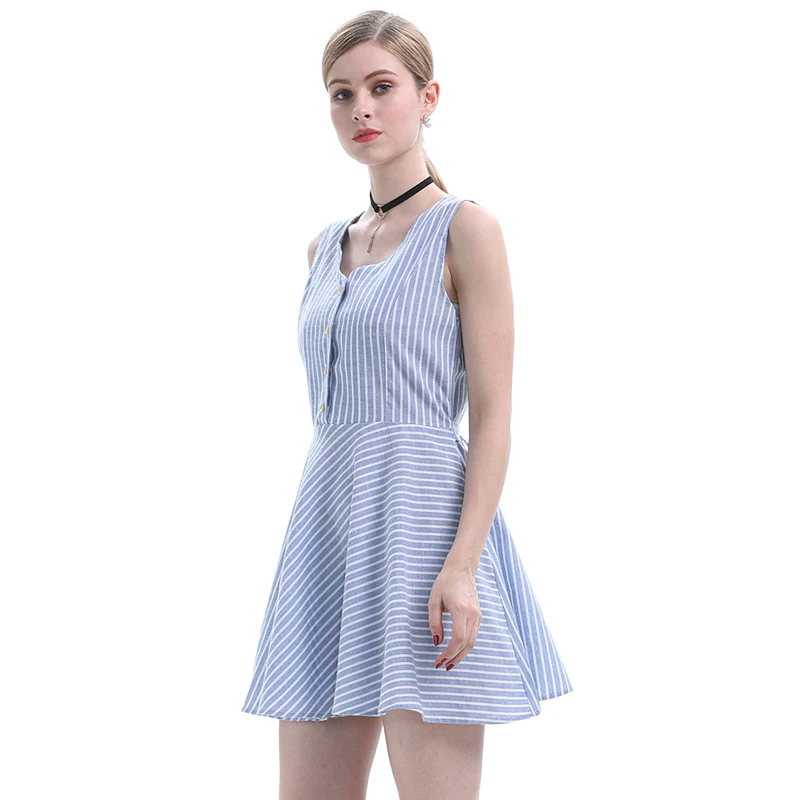 Лето v образным вырезом синий и белый полосатый платье без рукавов Повседневное