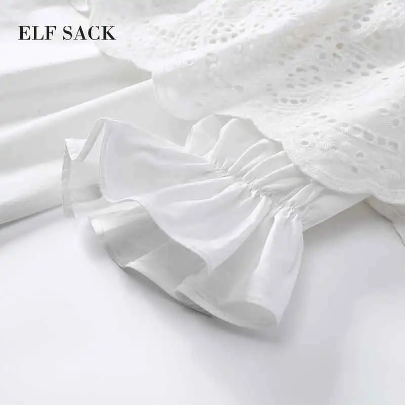 ELFSACK stylish Summer Women Cotton Short Casual Lace Chiffon Blouses Slash Neck Lantern Sleeve Female Solid Top Blouse|Блузки| |