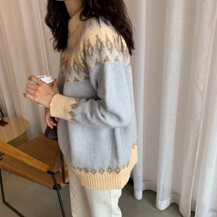 Harajuku зимний модный винтажный Женский пуловер с геометрическим принтом и круглым вырезом, Свободный вязаный женский свитер большого размера с длинным рукавом