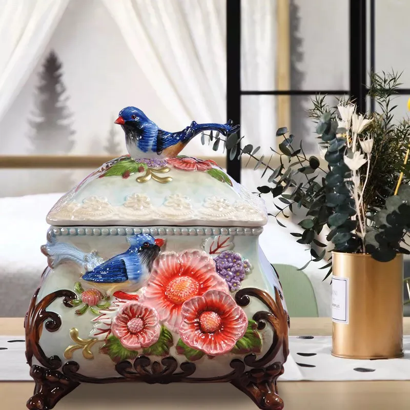

European Flowers And Birds Magpie Ceramic Sealed Cans Tea Cans Chinese Storage Tanks Shelf Craft Furnishings Home Gifts M1900