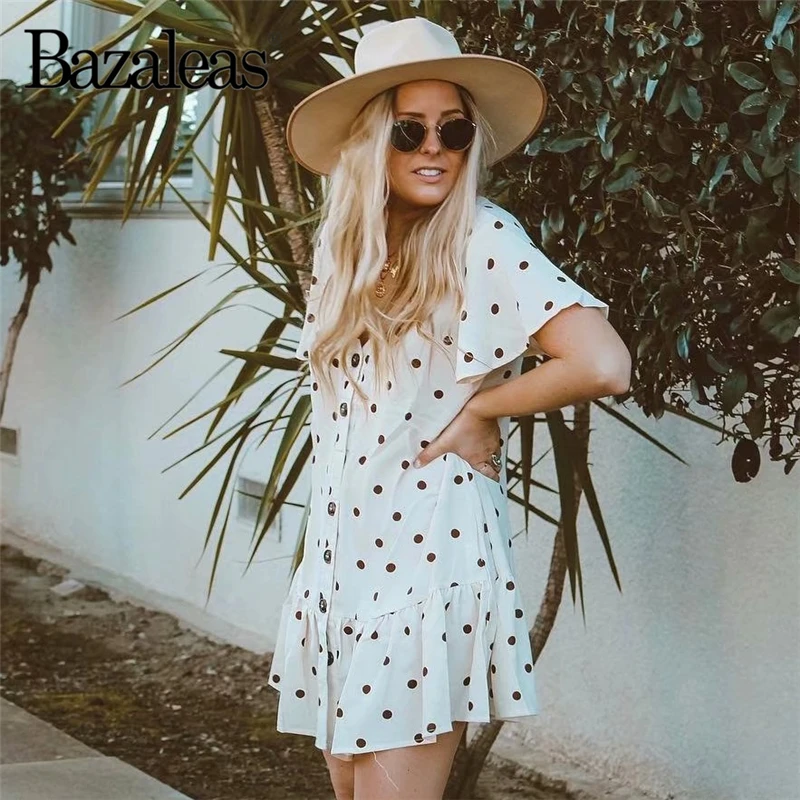 summer Center buttons dot Print Women Dresses V Neck Chic 2019 Ruffles mini dress vestidos drop shipping | Женская одежда