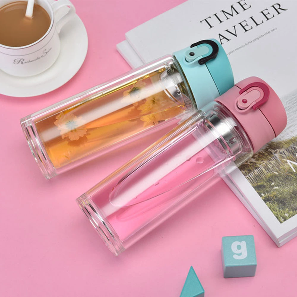 

Double Layer Crystal Glass Bottle For Water One-button Open Lid Insulation Portable Office Water Bottle