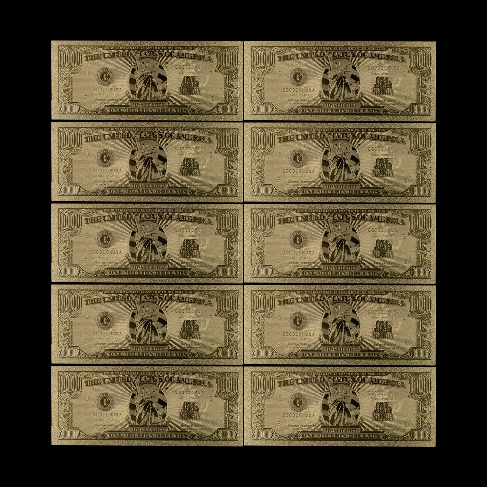 

10Pcs/Lot USA Gold Banknote 1 Million Dollar Bill Banknotes In 24K Gold Plated Colored Money for Collection Gift