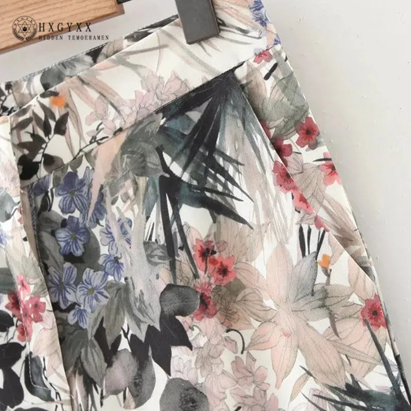 

Women's Trouser Suit Cross V-Neck Long Sleeve Wiped Kimono Blazer And Printed Wide Leg Trousers Of Two Piece Set Suits OKD029