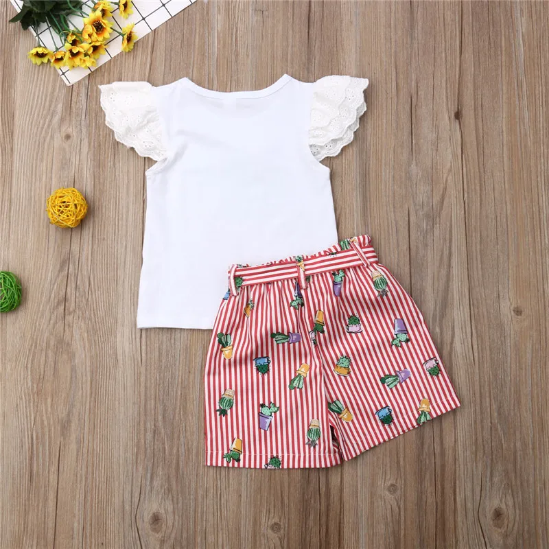 

PUDCOCO Toddler Kids Baby Girl Sets Lace T-Shirt Striped Shorts Child Girls Cotton Outfit kids Clothes Summer Wear 1-5T