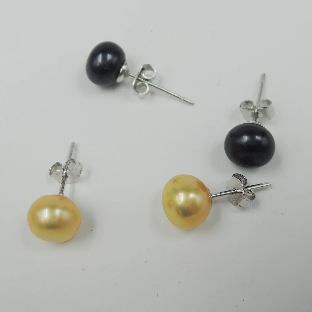 Реальная фотоблестящая серебряная серьга гвоздик золотой жемчуг черный и т.