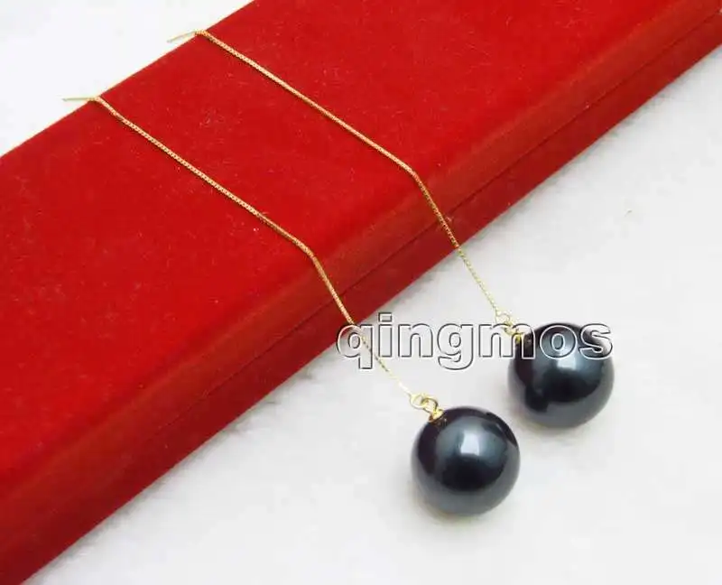 

Fashion Big 18mm Black Round Sea shell pearl and Gold-Color sterling silver s925 Ear Line dangle 4.5'' Earring-ear655