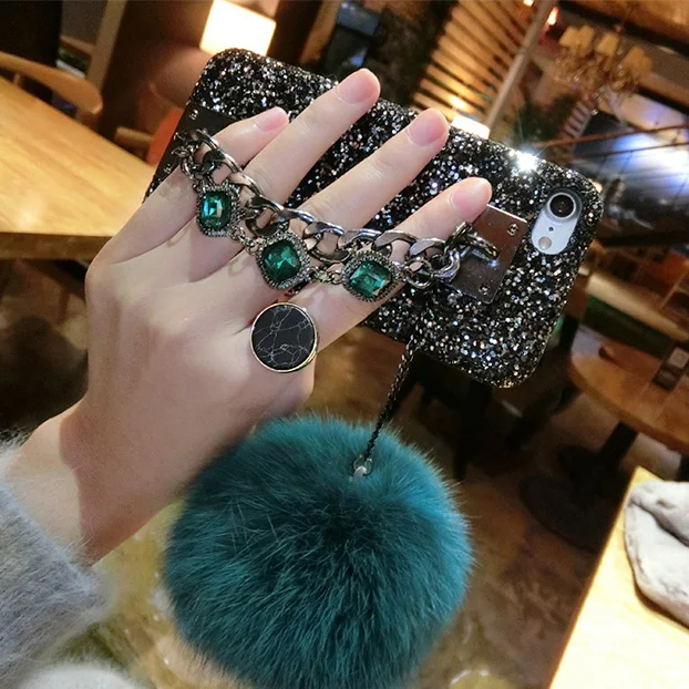 for Iphone X 8 7 6S Plus Galaxy S8 S9 Note Lady Bling Glitter Retro Hand Strap Metal Chain Fur Hard Case Cover Protector |