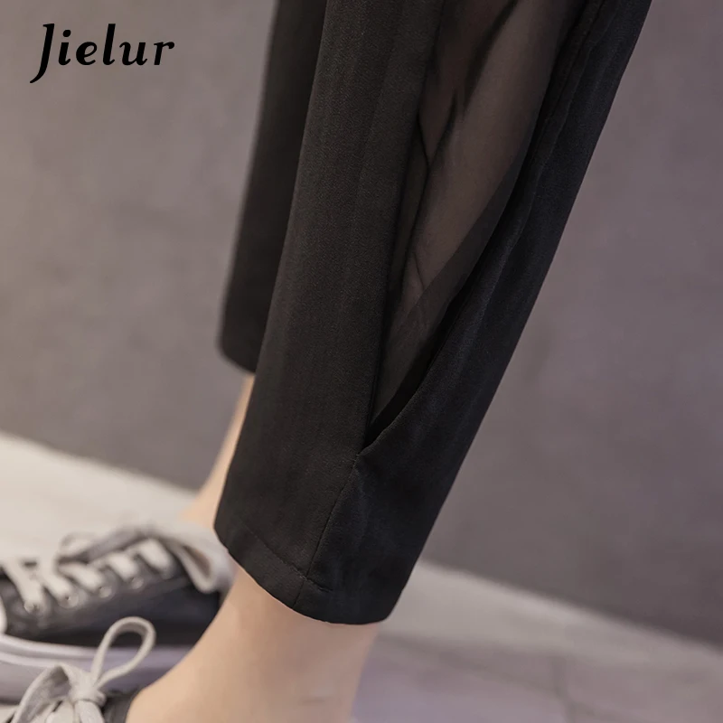 

Jielur Summer Fashion Thin Chiffon Pants Hollow Side Split Mesh Spliced Harem Pants Women Simple Casual Black Capris Pantalon