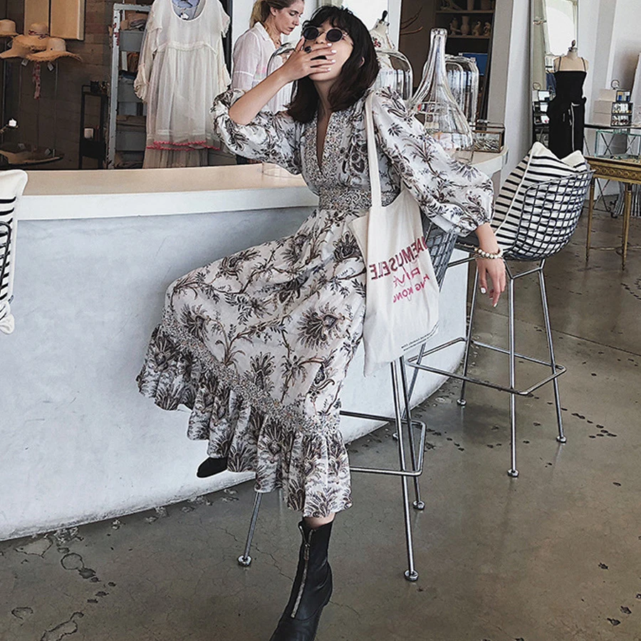 Feccer vintage cotton Beige floral print boho dress sexy v-neck lantern sleeves party dresses splice lace long women | Женская одежда