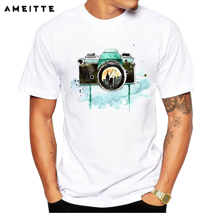 Новая Ретро Акварельная камера Футболка мужская хипстерская белая футболка с