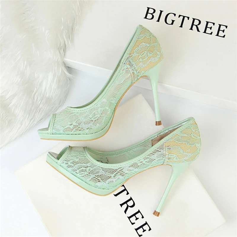 

women super high heel wedding pumps 9.5cm peep toe sweet sexy party shoes lady lace platform thin heels