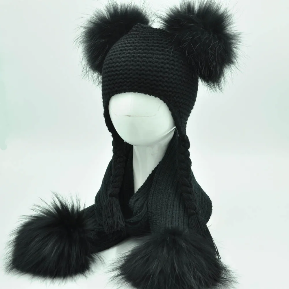 Black match fur Детский зимний комплект из шапки и шарфа для девочек и мальчиков, роскошный Теплый вязаный набор шапочек-бини из натурального меха енота, шапка с помпоном и шарф - Цвет: Black match fur