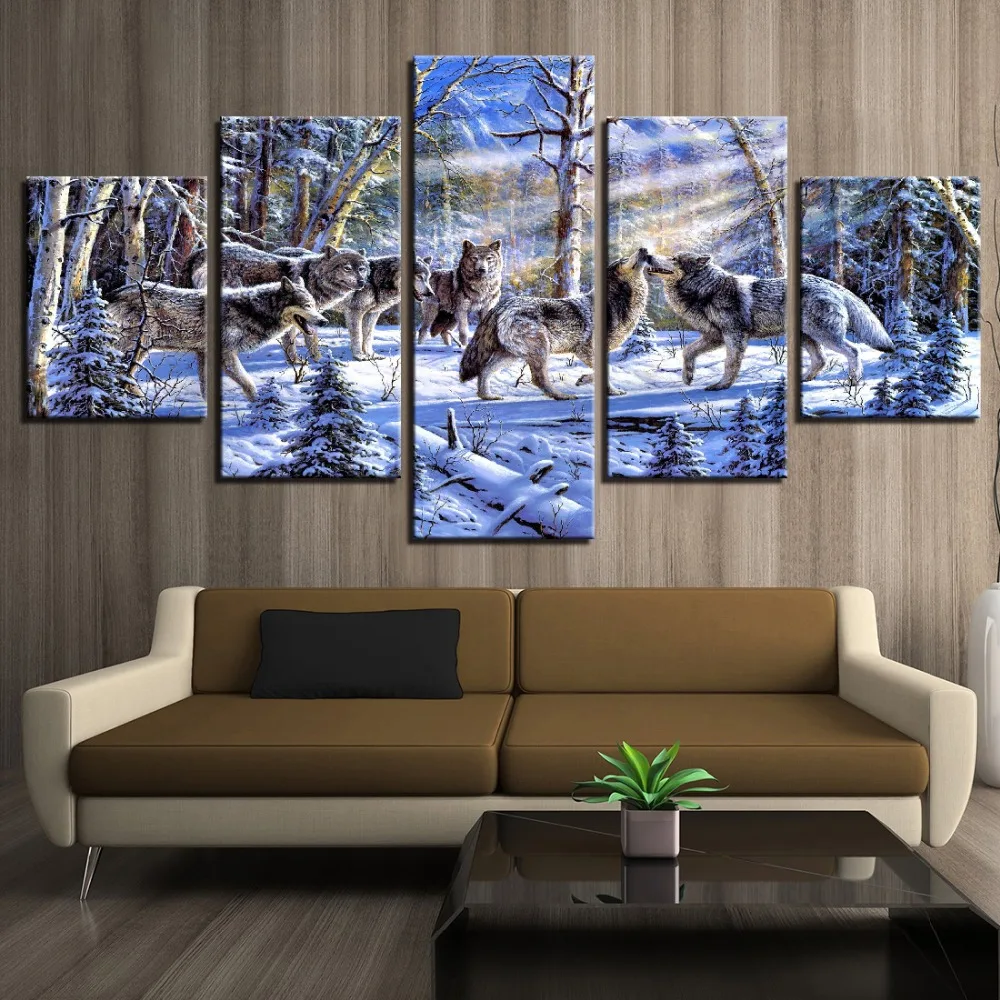 Canvas Painting Modern Art Wall Decoration Frame Modular Pictures Landscape Oil 5 Panel Animal Wolfs in the Forest | Дом и сад