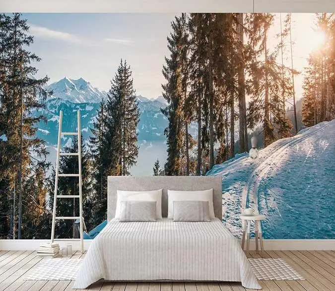 

[Self-Adhesive] 3D Sun Snow Forest Road 4 Wall Paper mural Wall Print Decal Wall Murals