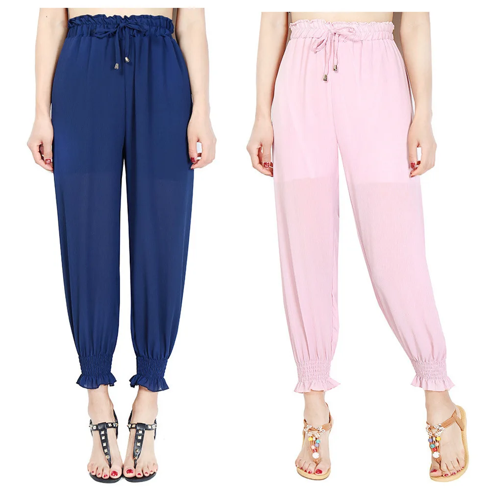 Шаровары женские однотонные с высокой талией шифоновые брюки-султанки