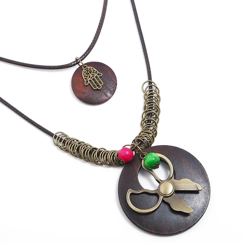 Scissors Hamsa Long Fashion Round Wood Vintage Alloy Charms Pendant Leather Necklace Women Men Sweater Chain Jewelry | Украшения и