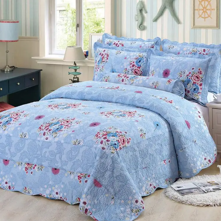 3Pcs 100%Cotton Soft Pink Violet Flowers Bedspread Queen Size, All Season Bedspread with Colorful Plaid Pillow shams Queen size - Цвет: Color 7