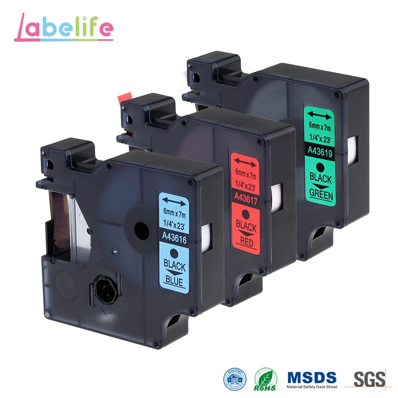 Labelife 3 пакета комбо 6 мм DYMO D1 черный на голубом красном зеленом 43616 43617 43619