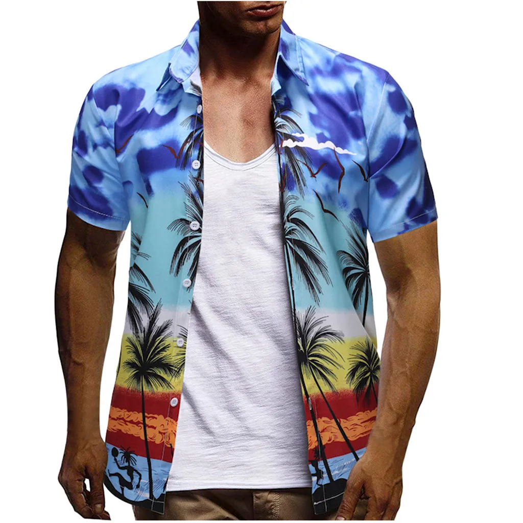 

Casual loose suit men's Hawaiian style printed shirt top polyester suit collar suit Beach Short Sleeve Quick Dry Suit Y611
