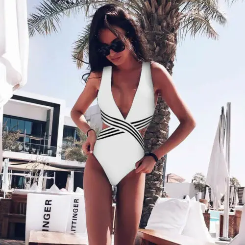 Meihuida Women Swimwear One Piece Striped Swimsuit Snake Skin Monokini Push Up Padded Beachwear Ladies High Waist Bathing Suit | Спорт и