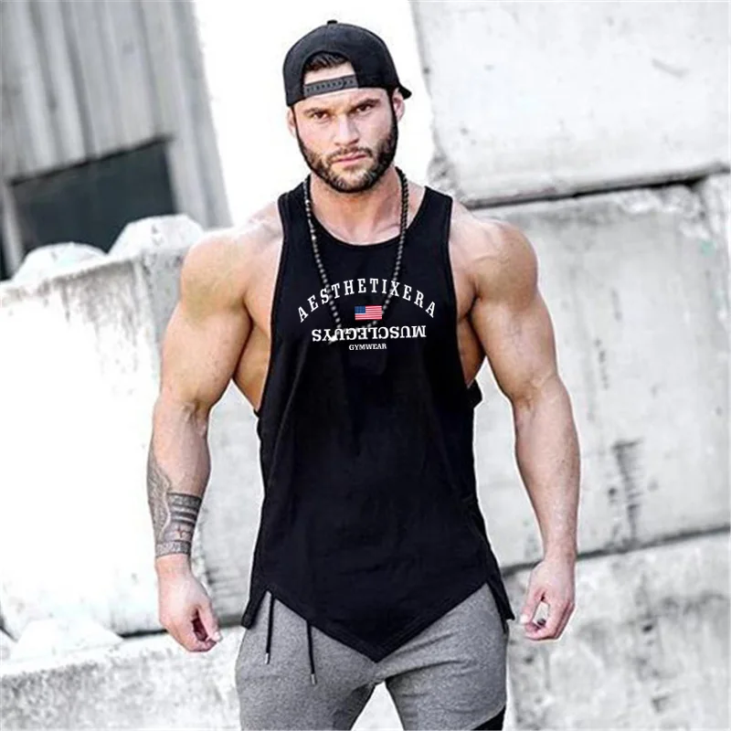 Бренд Muscleguys модные рубашки для фитнеса без рукавов хлопковая майка мужская