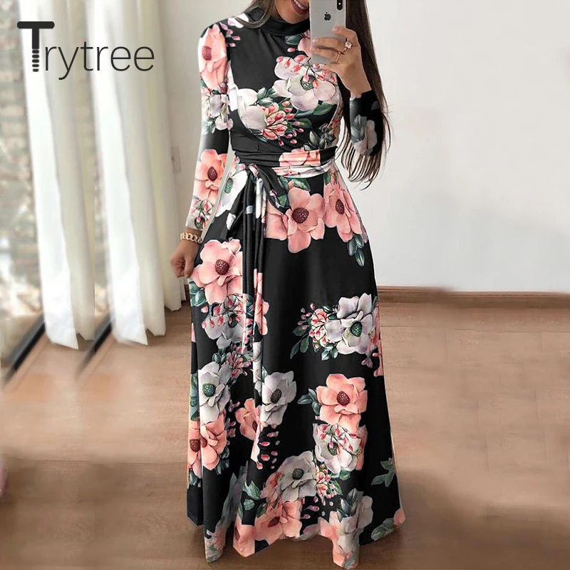 Осеннее женское платье Trytree повседневные платья с цветочным принтом воротником