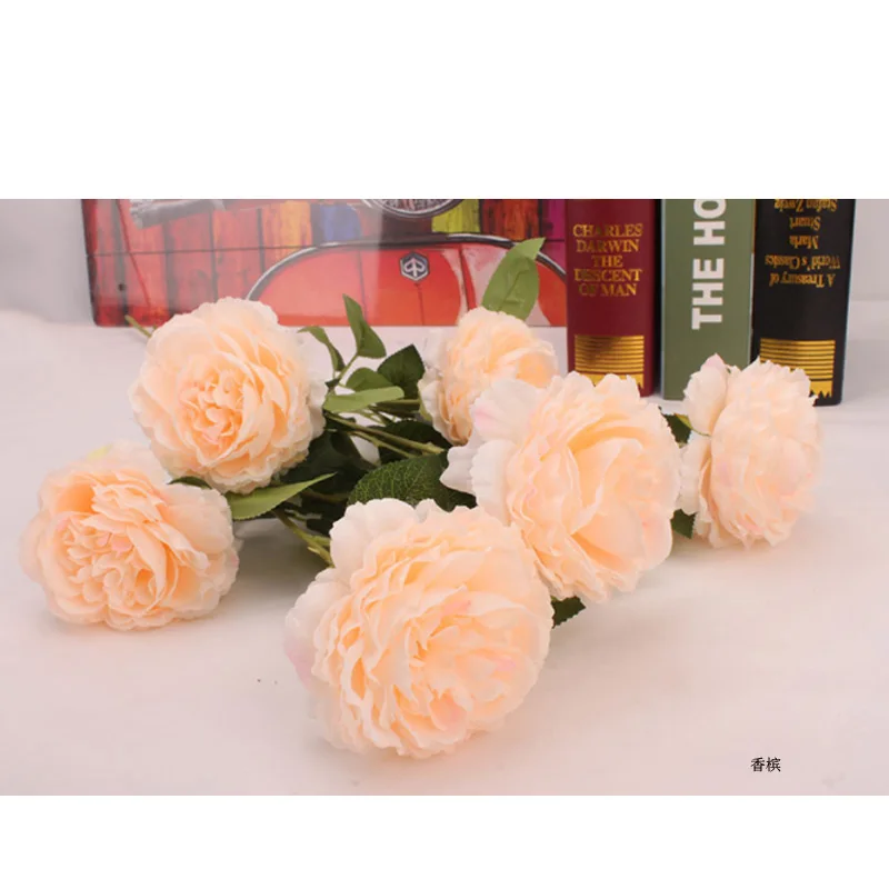 Шампанское 1PCS 3 Heads Fake Flowers Artificial Silk Bridal Wedding Decoration Wreath Bunch Home Decor Artificial Flowers Peony Real Touch - Цвет: Шампанское