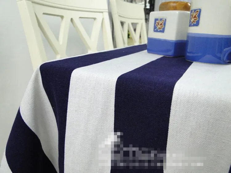 Современная классическая белая и темно-синяя полоска парусиновая скатерть