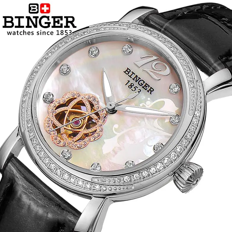 

Switzerland Binger Women's watches fashion luxury watch leather strap automatic winding mechanical Wristwatches B-1132L